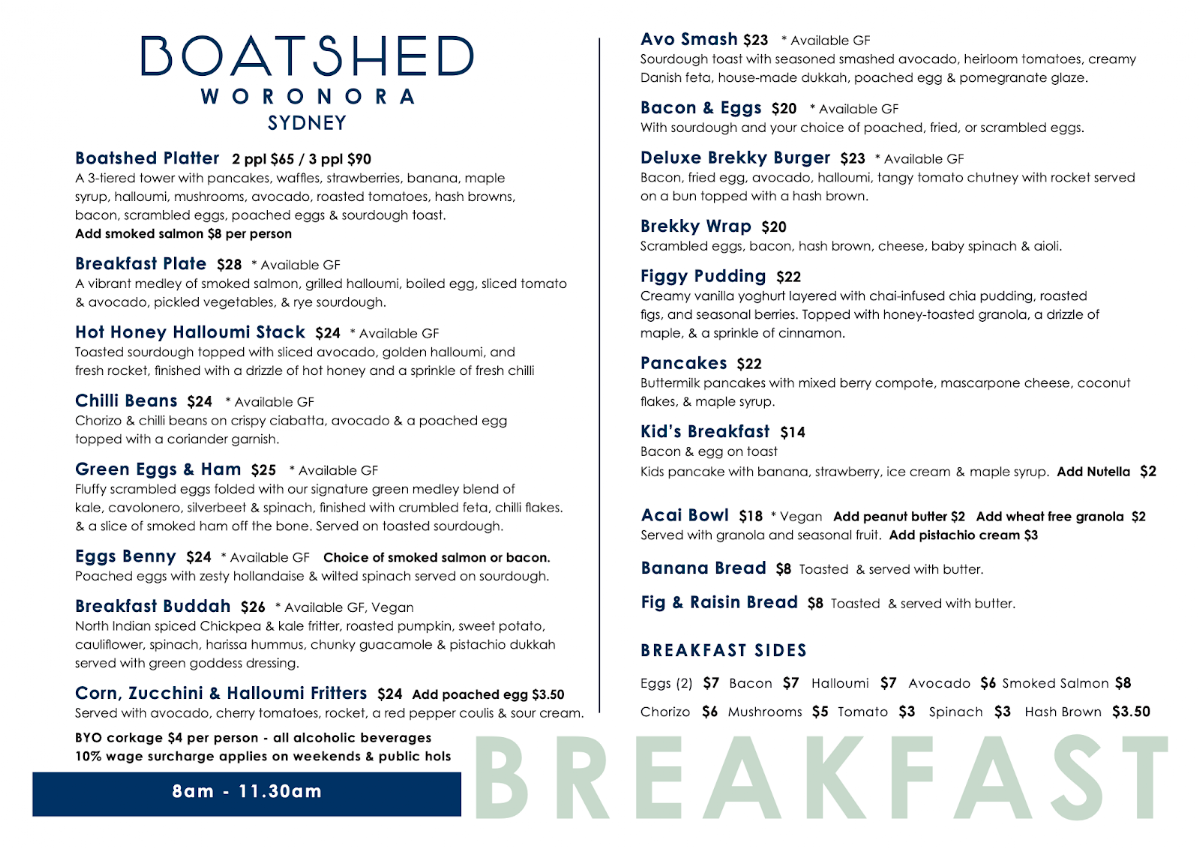 Menu, The Boatshed Woronora