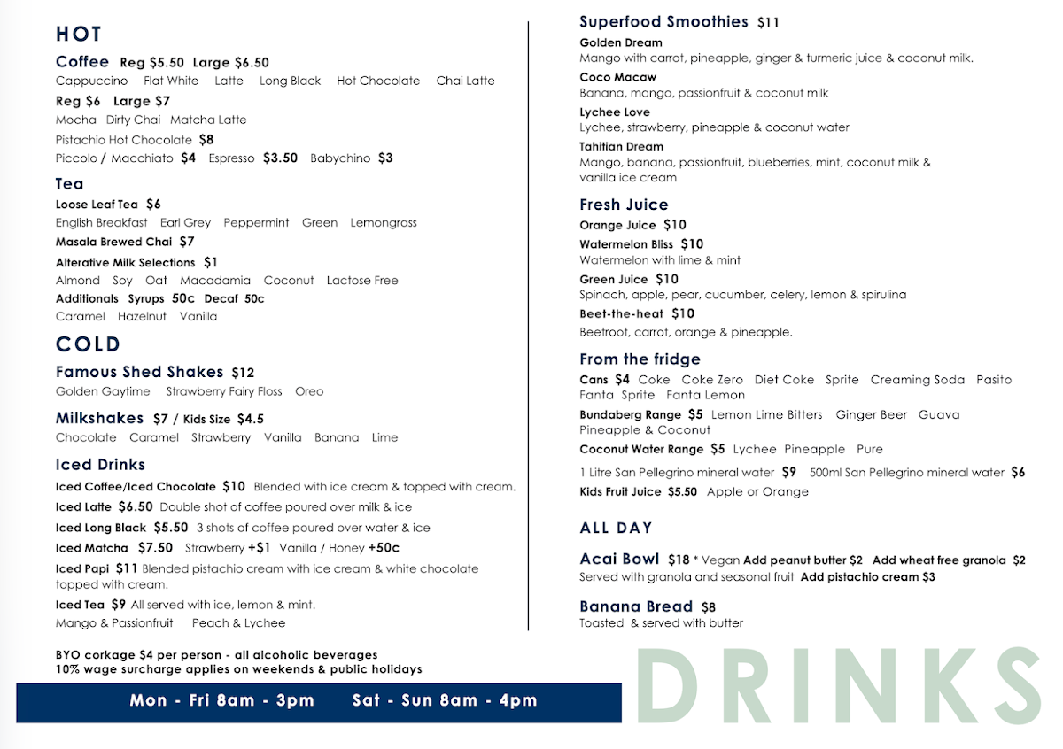 Menu, The Boatshed Woronora