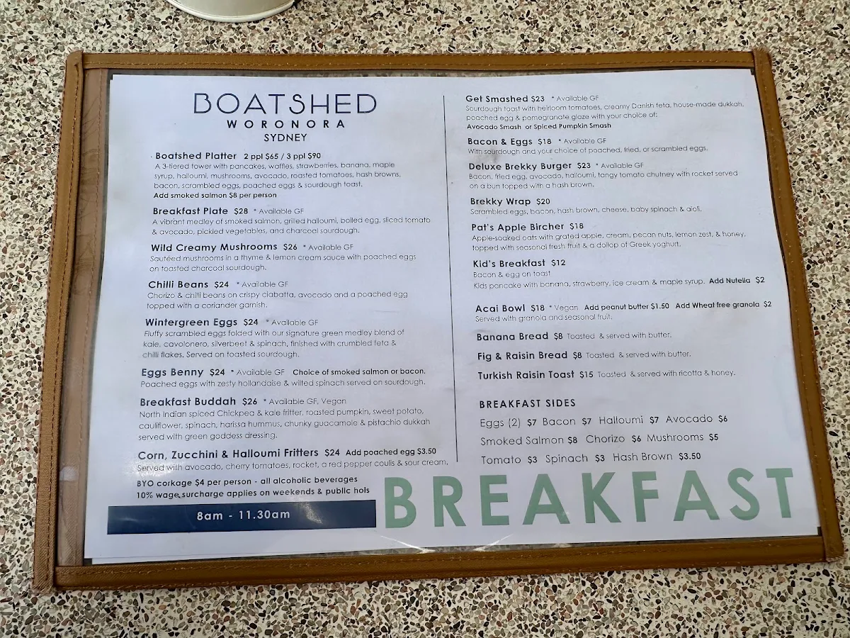 Menu, The Boatshed Woronora