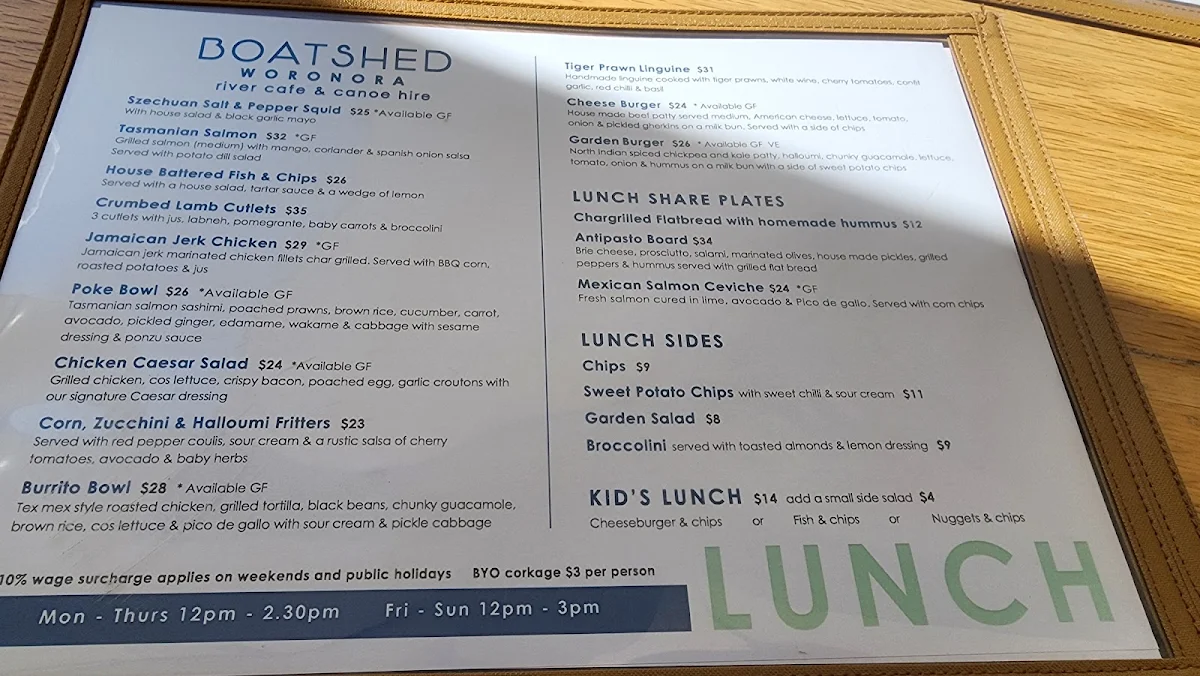Menu, The Boatshed Woronora