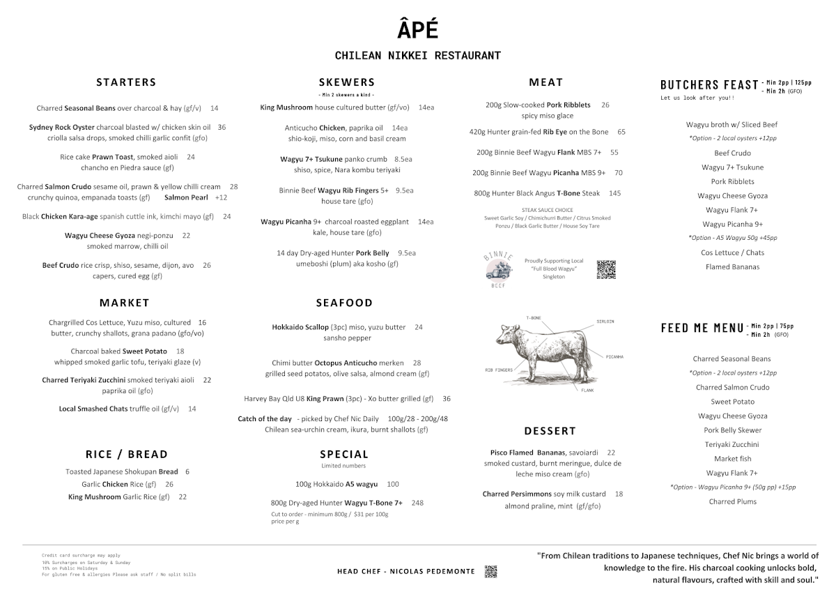 Menu, Âpé Chilean Nikkei Restaurant