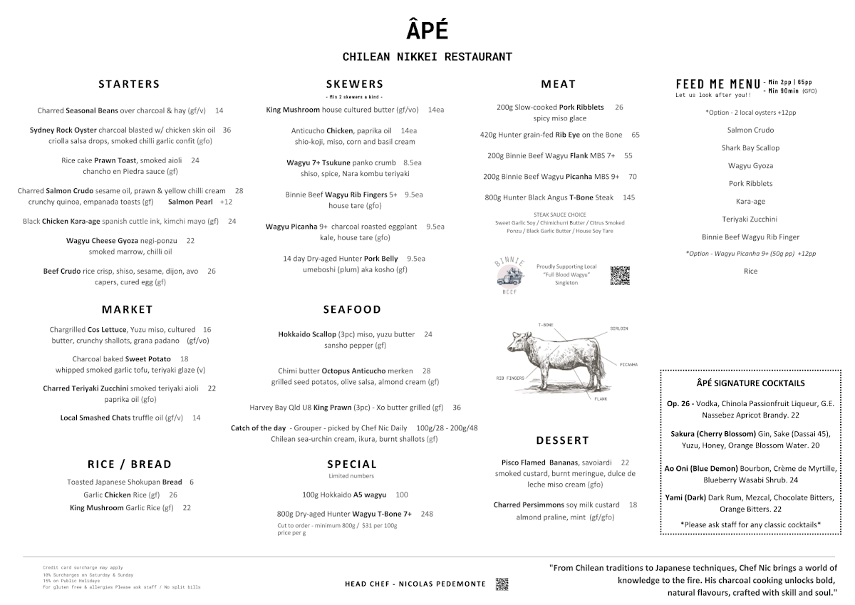 Menu, Âpé Chilean Nikkei Restaurant