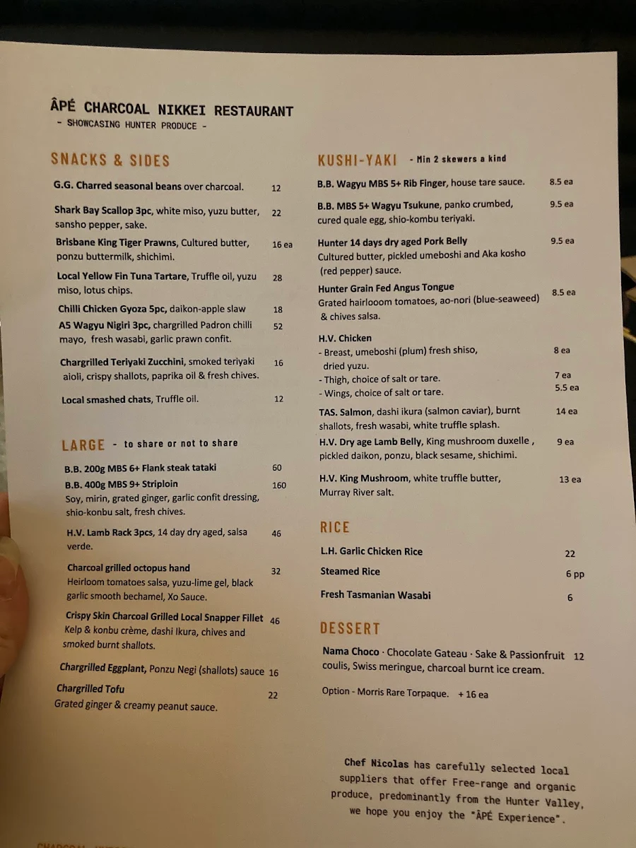 Menu, Âpé Chilean Nikkei Restaurant