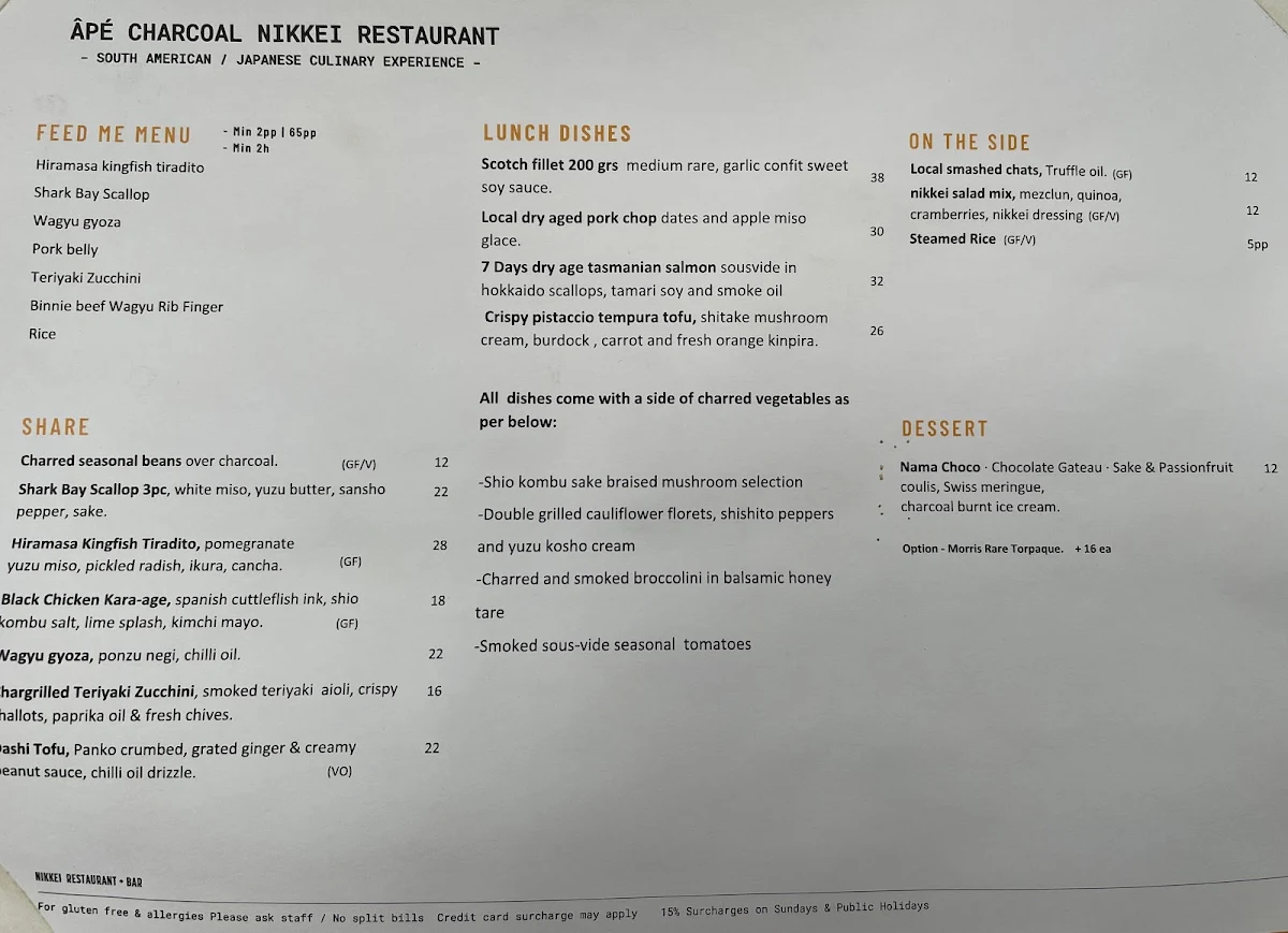 Menu, Âpé Chilean Nikkei Restaurant