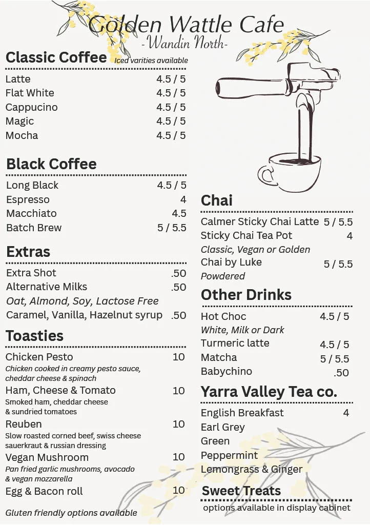 Menu, Golden Wattle Cafe