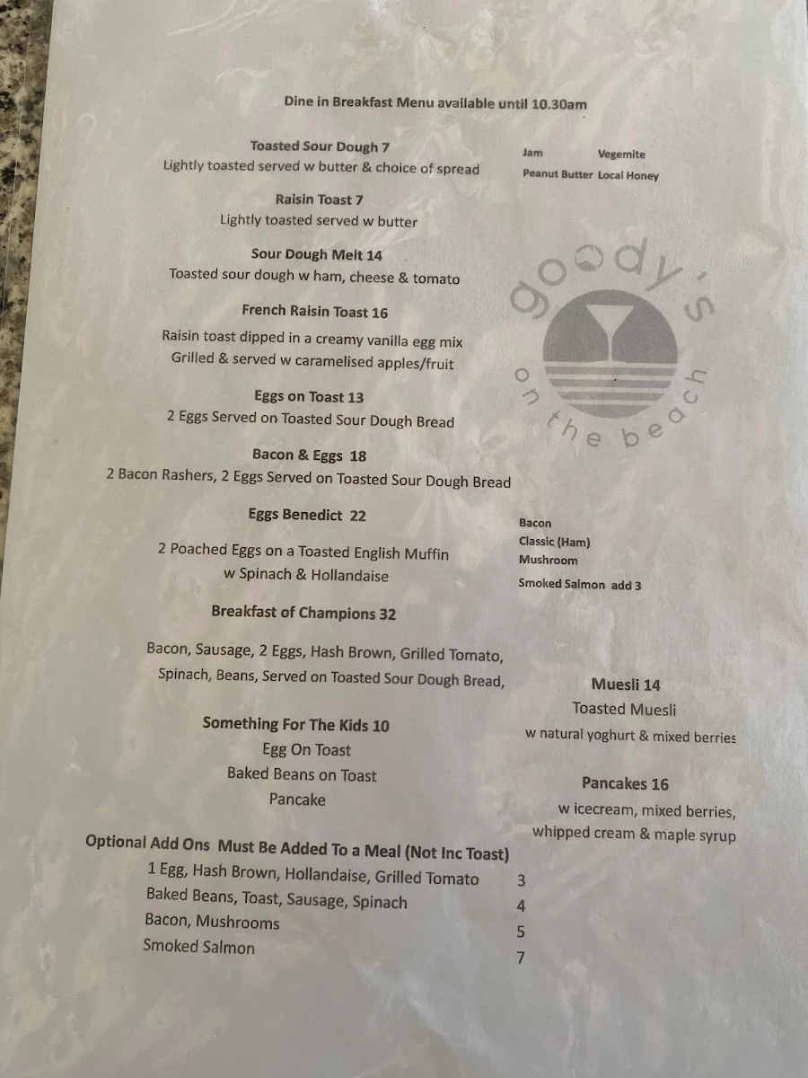 Menu, Goody's On The Beach