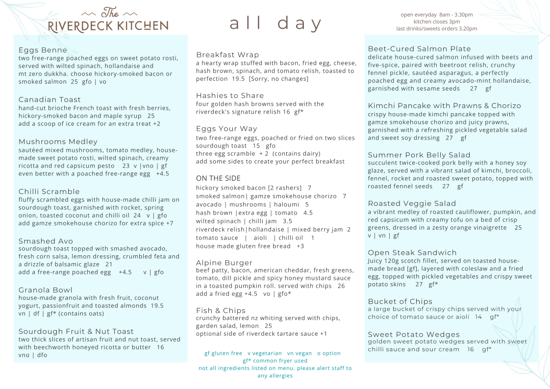 Menu, The Riverdeck Kitchen