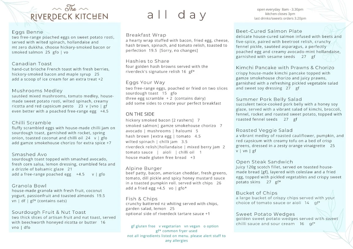 Menu, The Riverdeck Kitchen