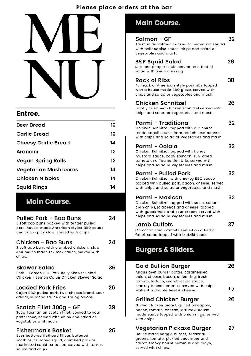 Menu, Miners Gold Brewery