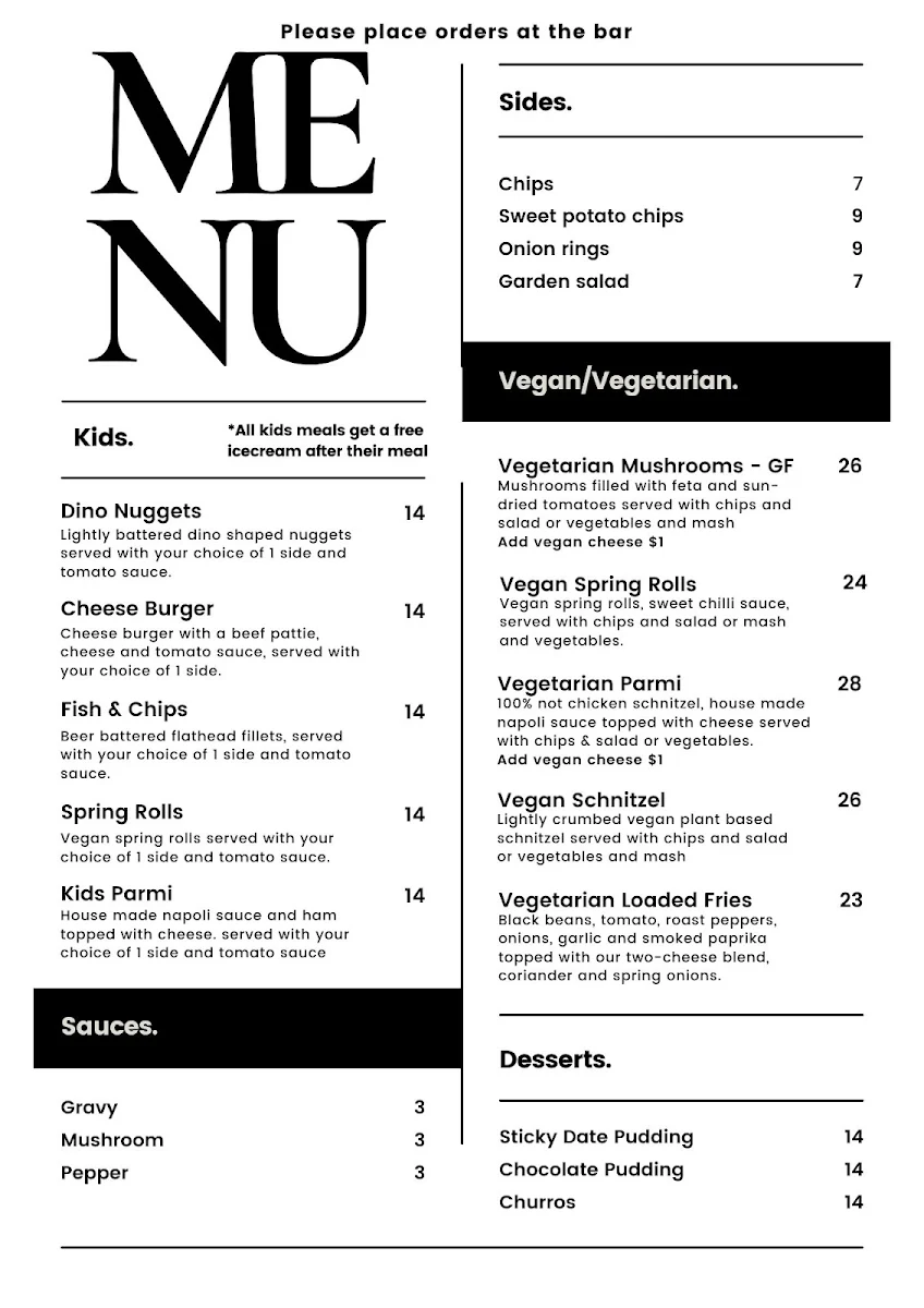 Menu, Miners Gold Brewery