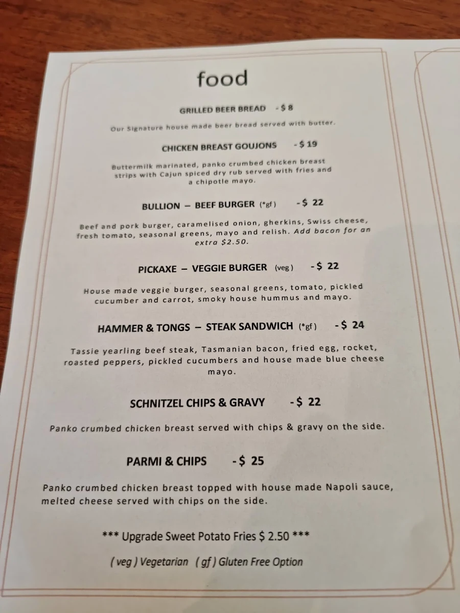 Menu, Miners Gold Brewery