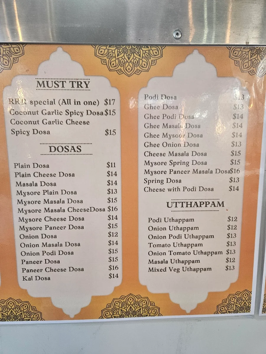 Menu, RRR DOSA MARSDENPARK 100% pure vegetarian