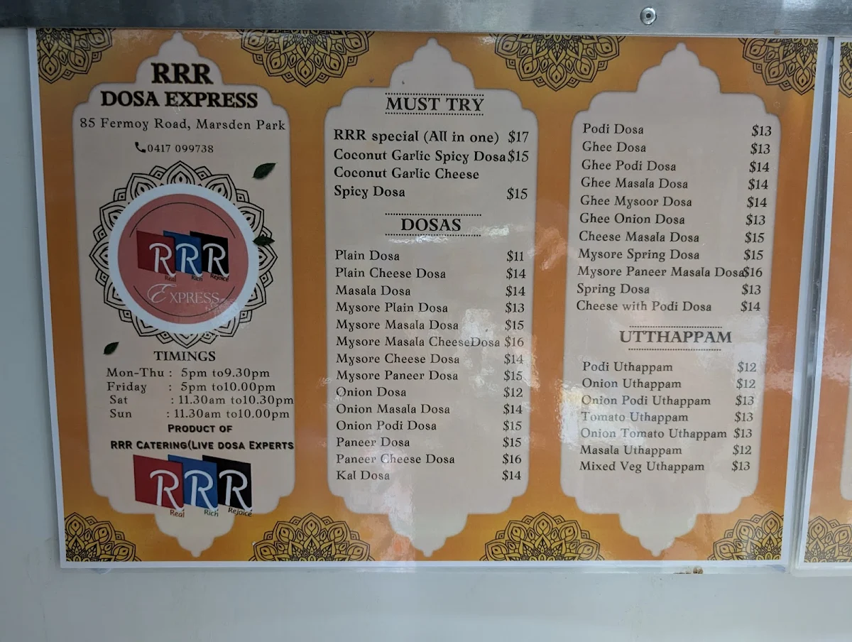 Menu, RRR DOSA MARSDENPARK 100% pure vegetarian