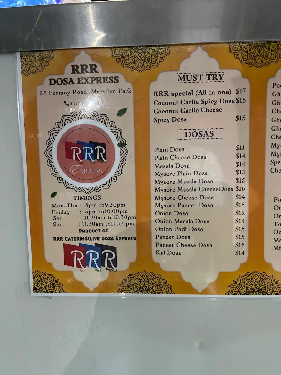 Menu, RRR DOSA MARSDENPARK 100% pure vegetarian