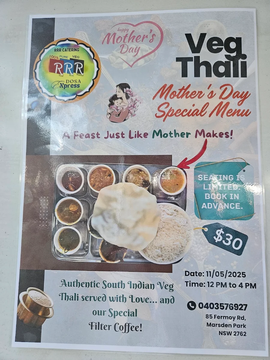Menu, RRR DOSA MARSDENPARK 100% pure vegetarian