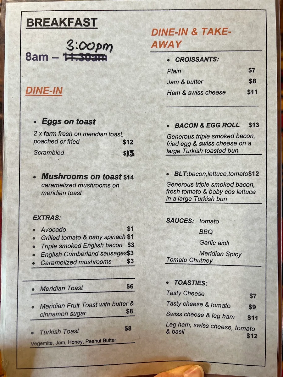 Menu, Meridian Cafe