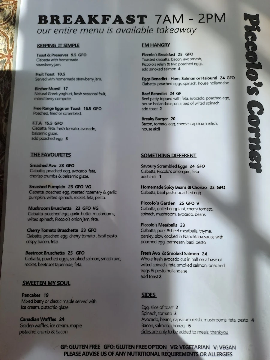 Menu, Piccolo's Corner