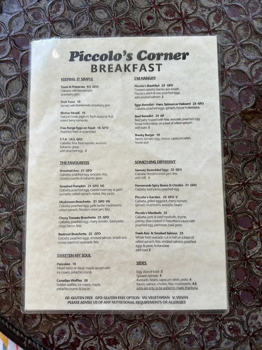 Menu, Piccolo's Corner