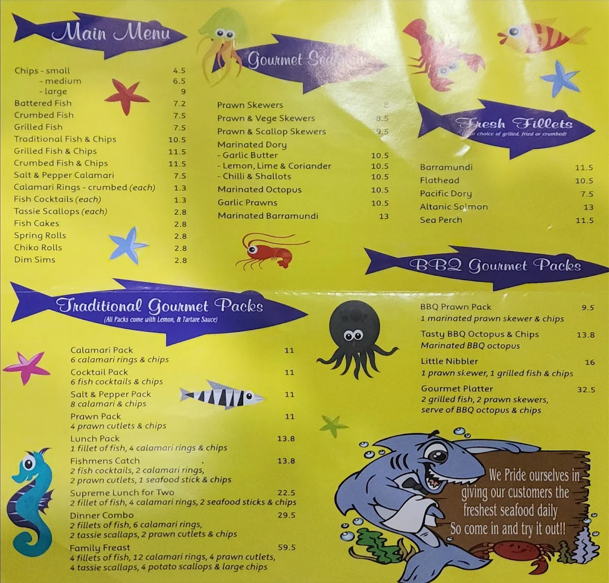 Menu, Sylvania Waters Seafood