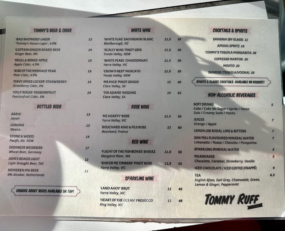 Menu, Tommy Ruff Fishbar Elsternwick