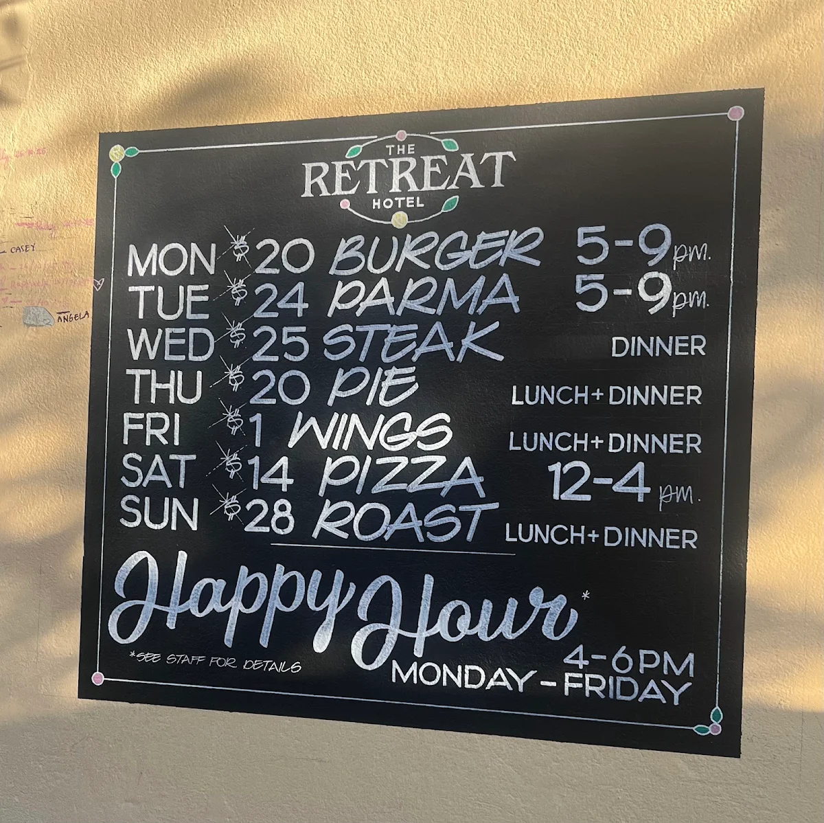 Menu, Retreat Hotel
