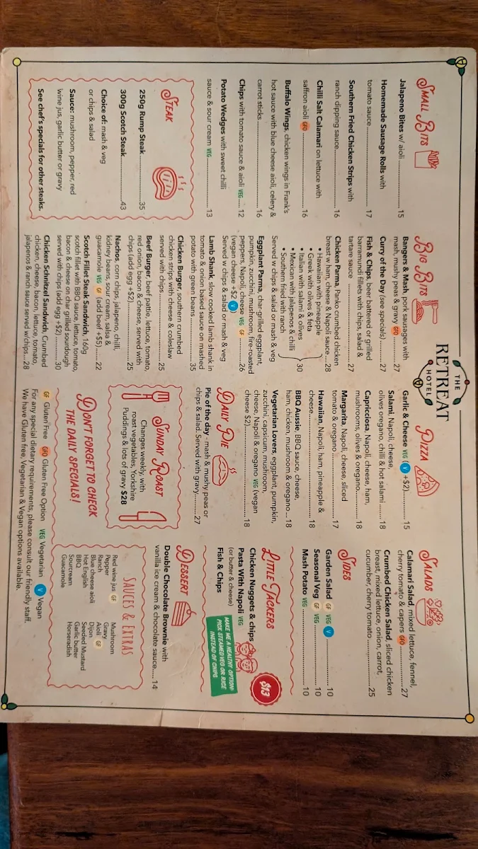 Menu, Retreat Hotel