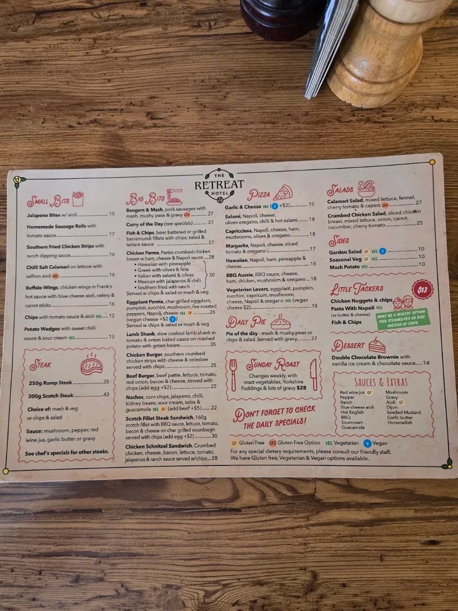 Menu, Retreat Hotel