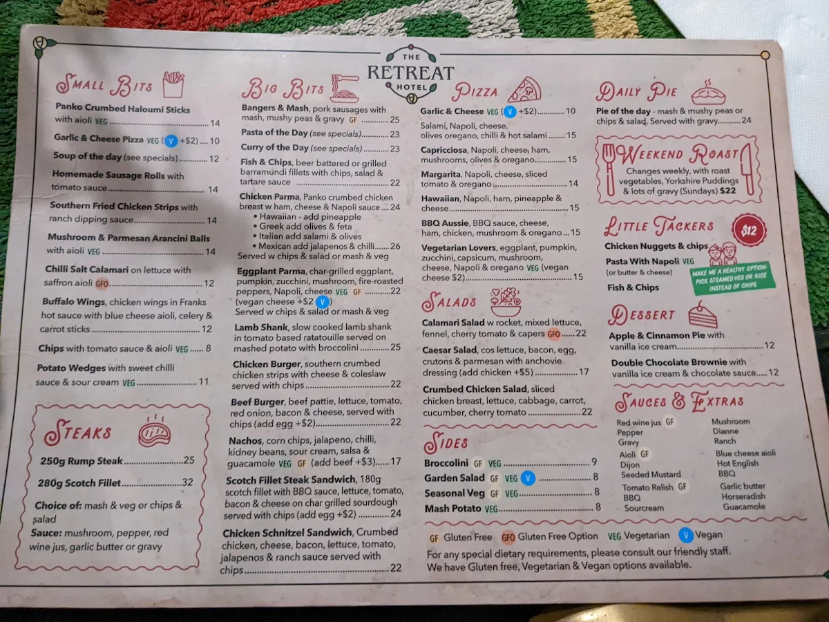 Menu, Retreat Hotel
