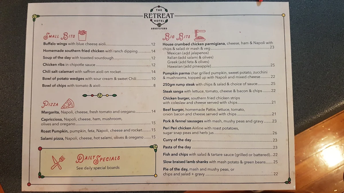Menu, Retreat Hotel