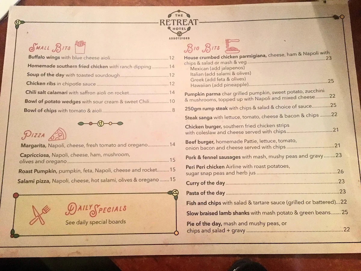 Menu, Retreat Hotel