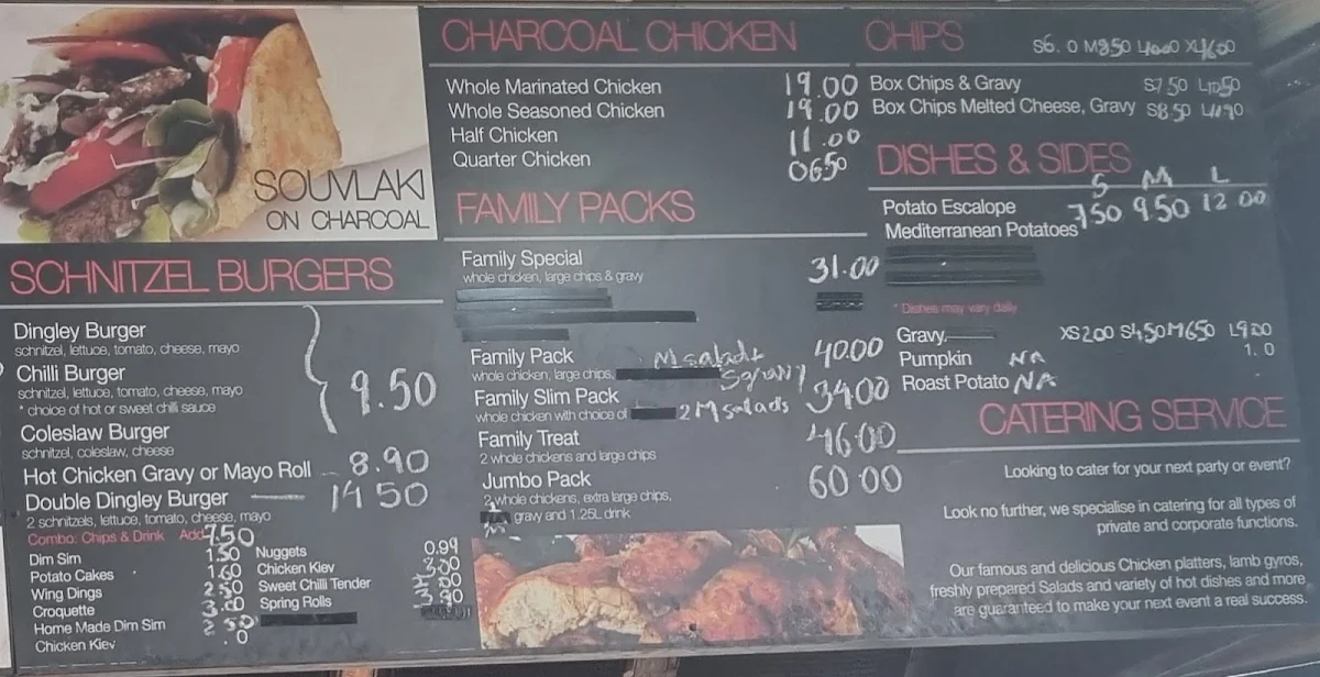 Menu, Dingley Charcoal Chicken