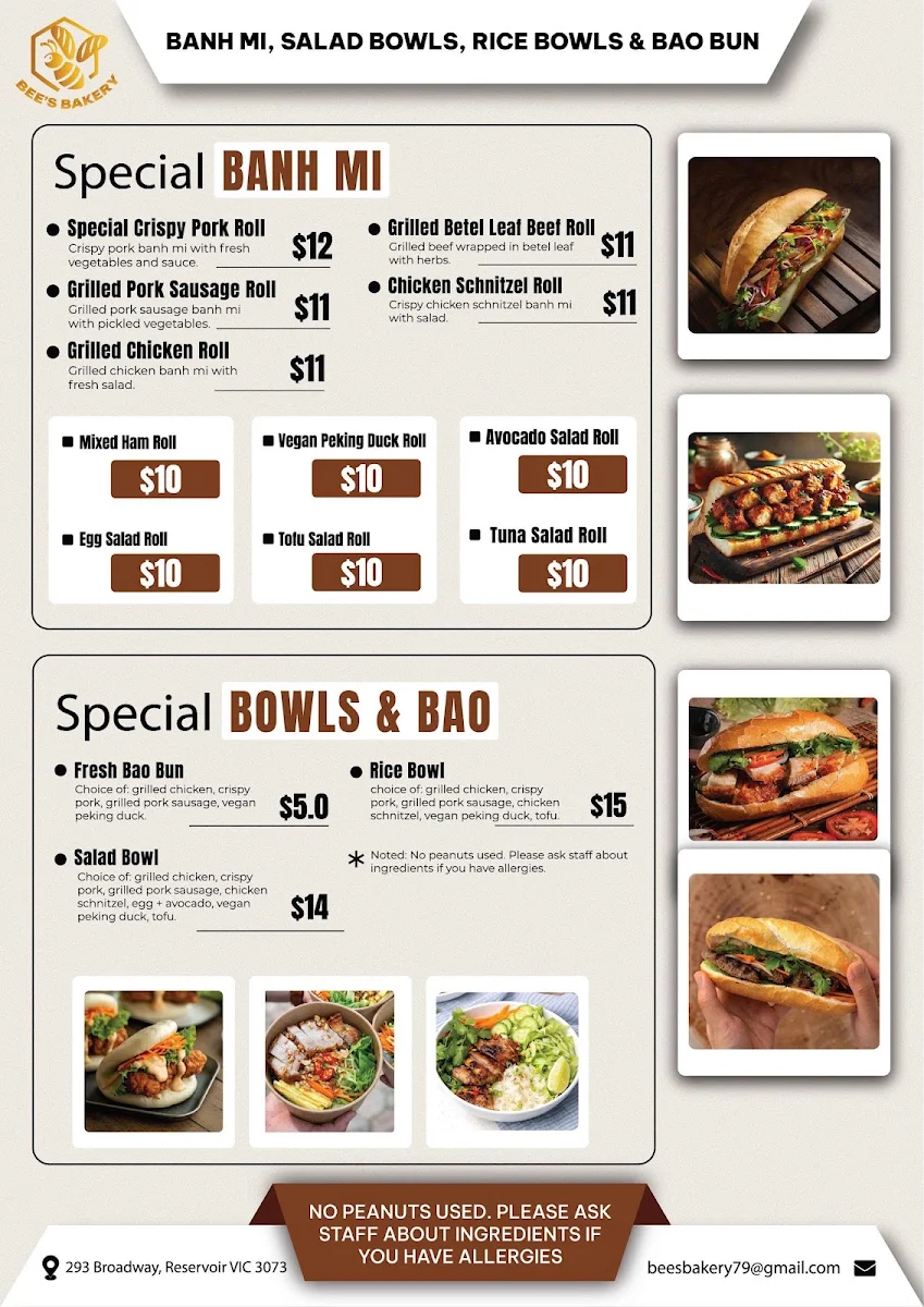 Menu, BEE’S BAKERY
