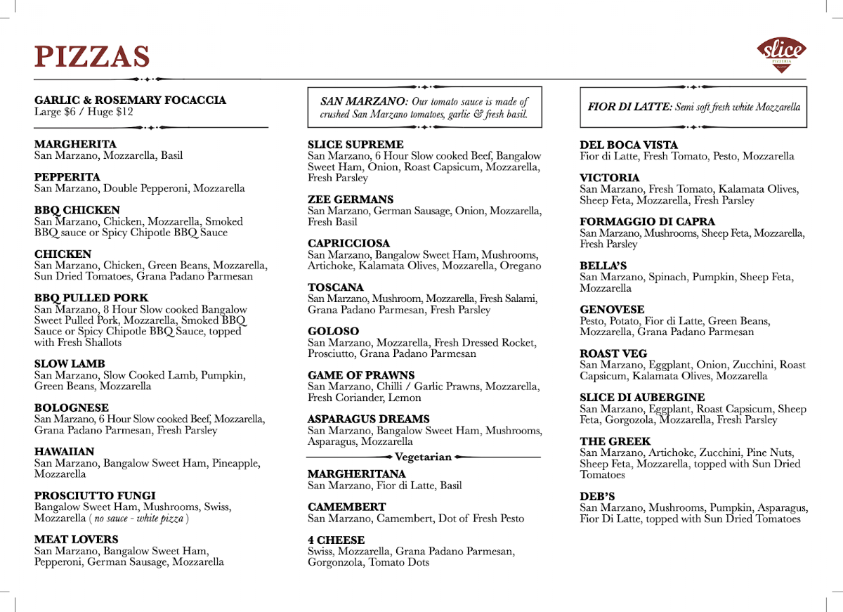 Menu, Slice Pizzeria Byron Bay
