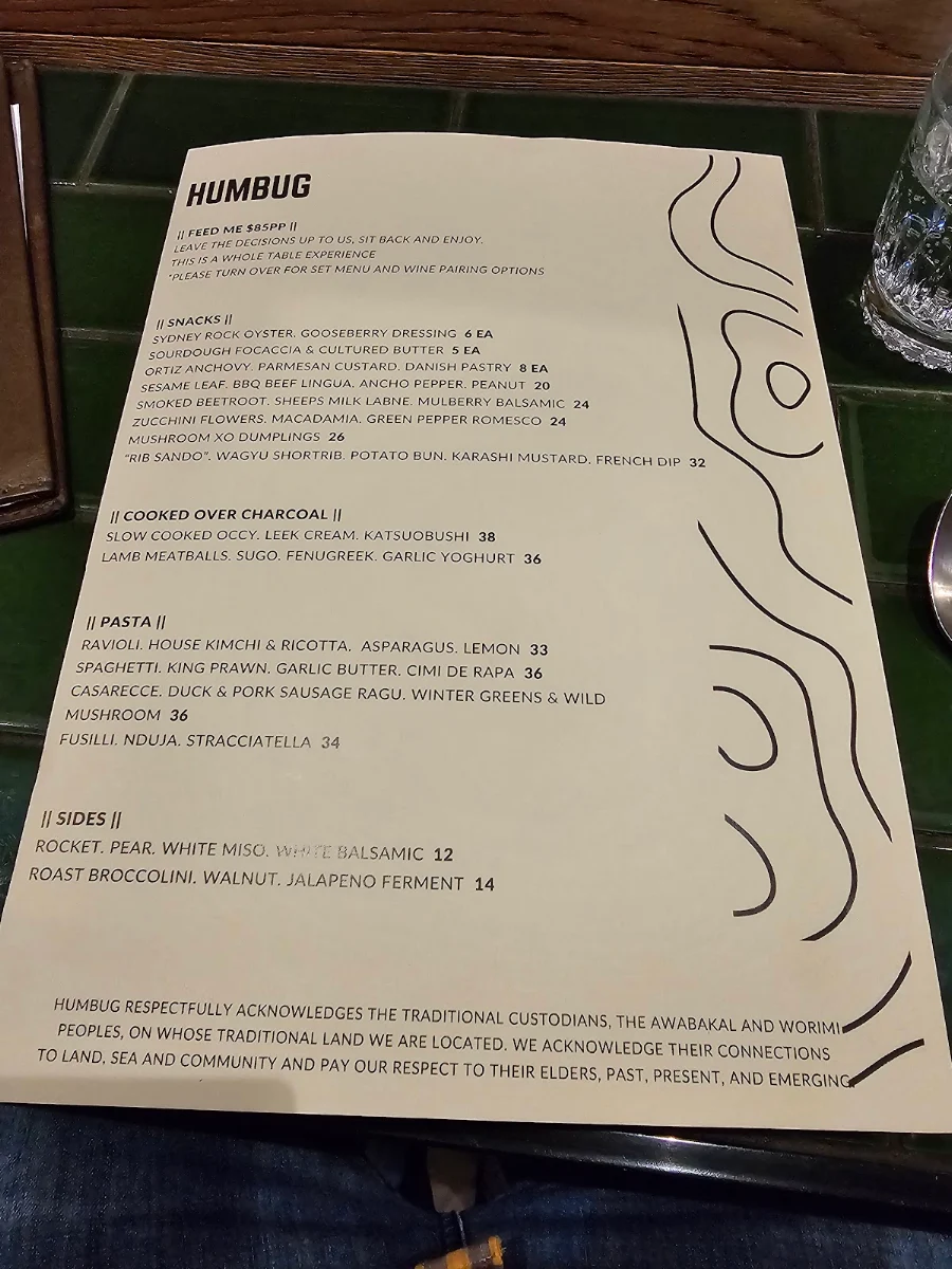 Menu, humbug wine + pasta