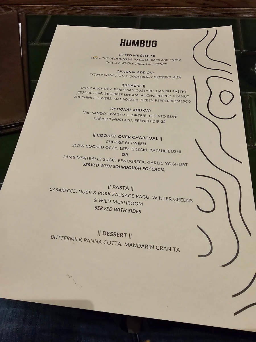 Menu, humbug wine + pasta