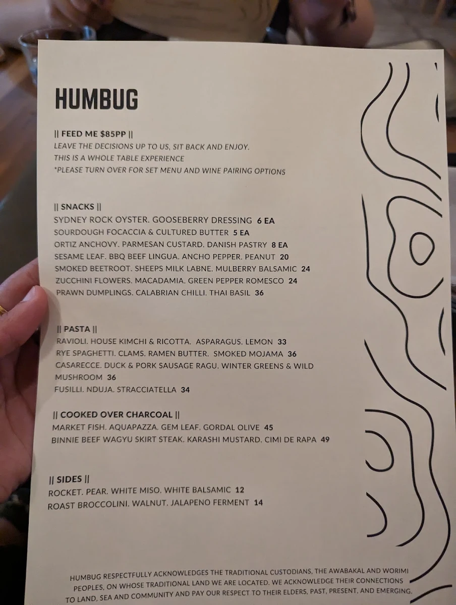 Menu, humbug wine + pasta