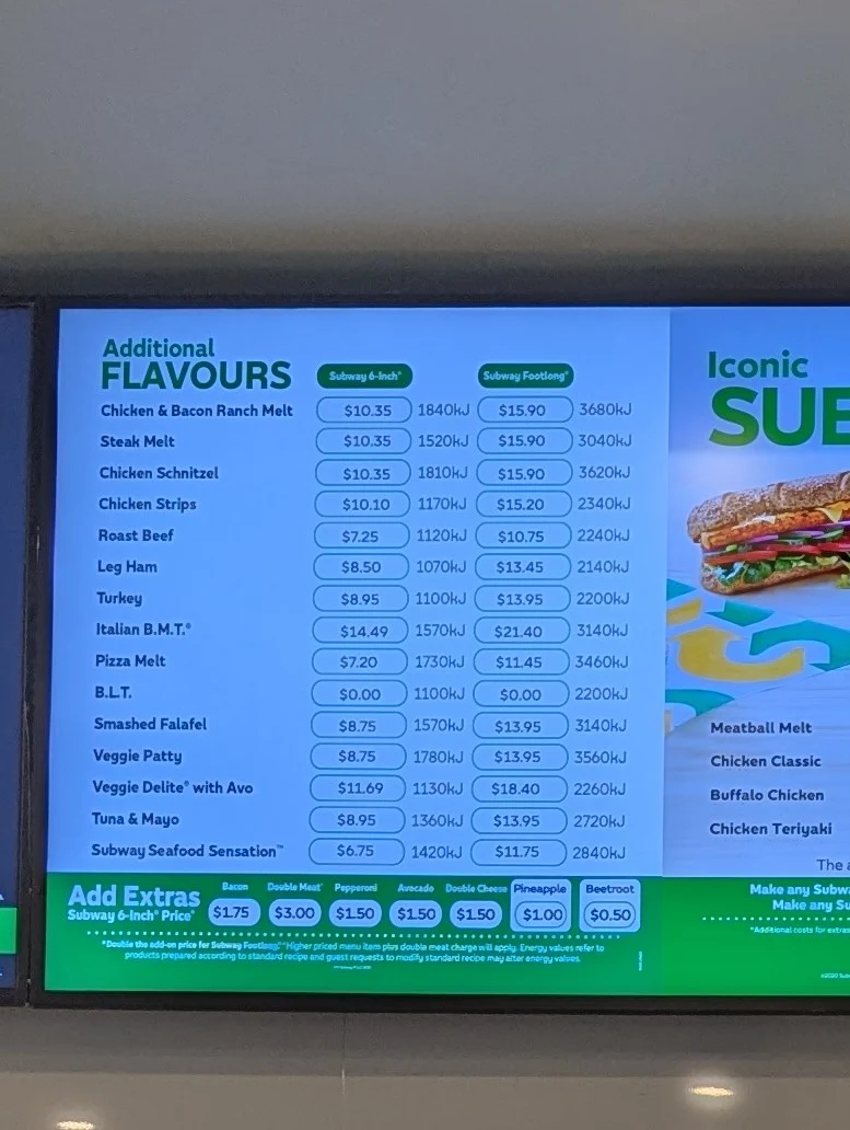Menu, Subway® Boondall