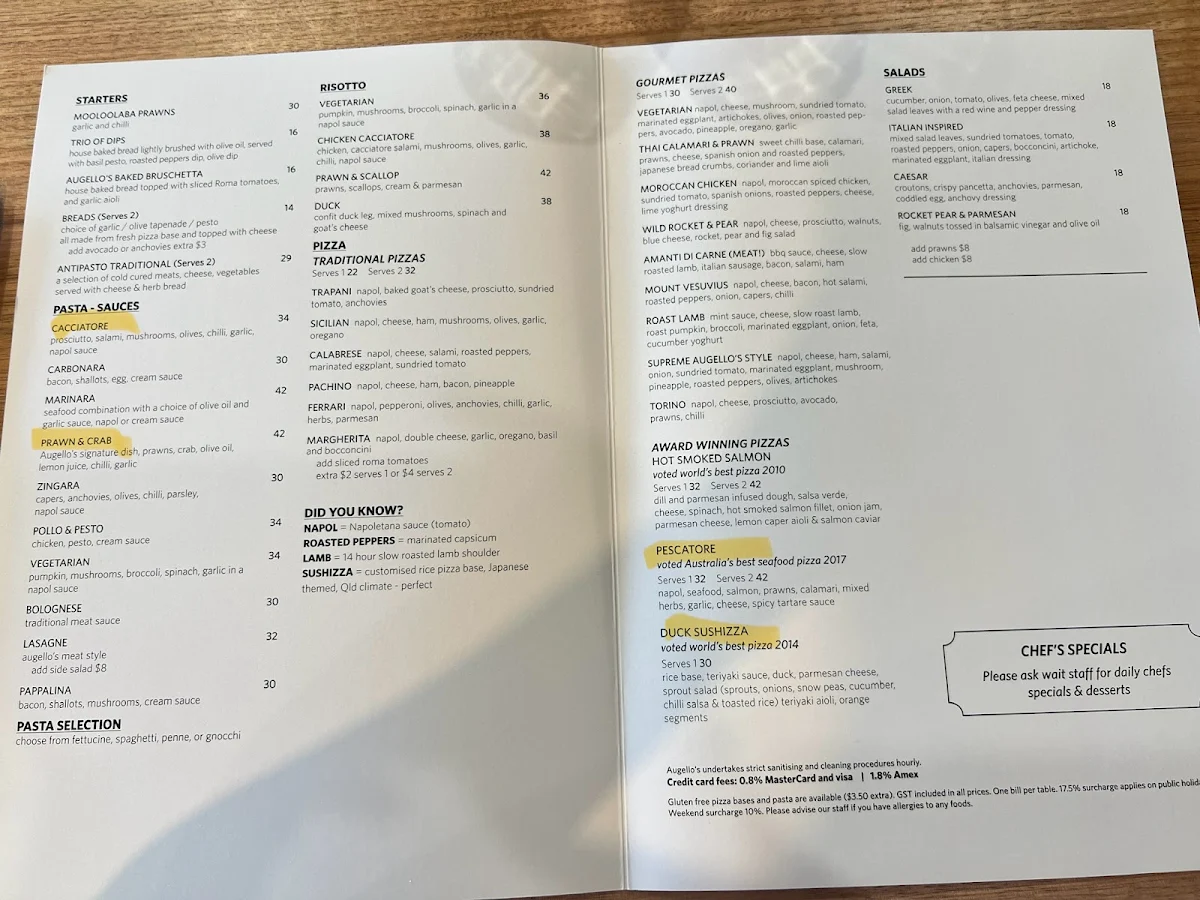 Menu, Augello's Ristorante & Pizzeria