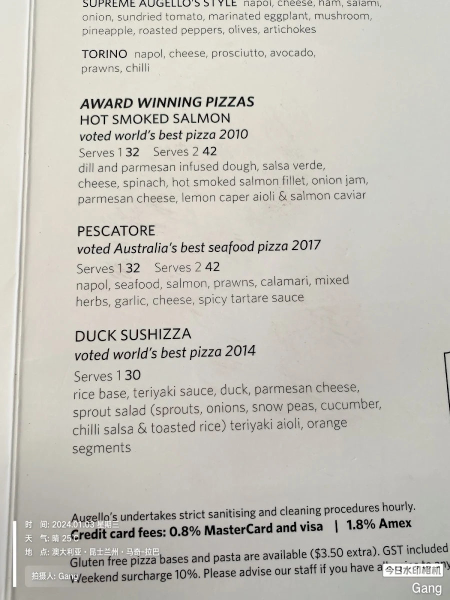 Menu, Augello's Ristorante & Pizzeria