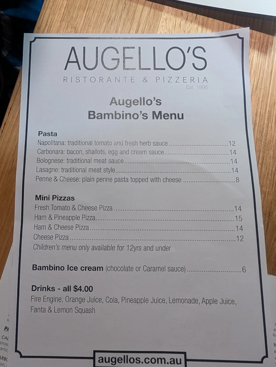 Menu, Augello's Ristorante & Pizzeria