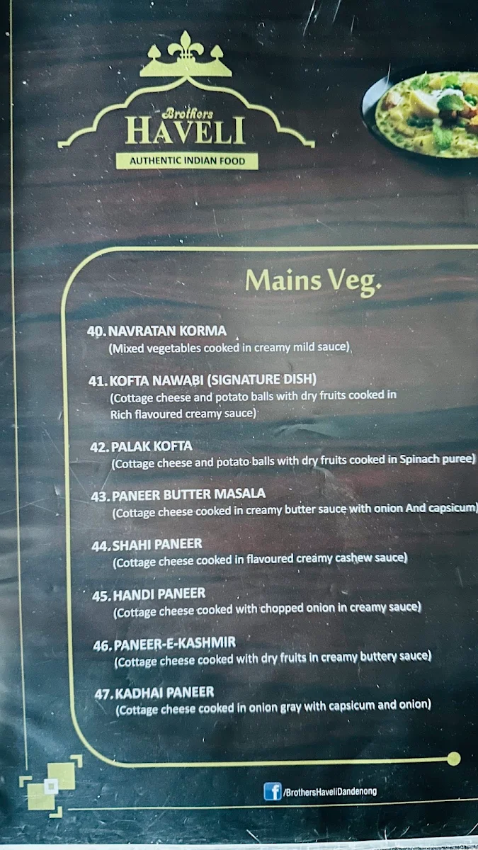 Menu, Brothers Haveli Indian Restaurant