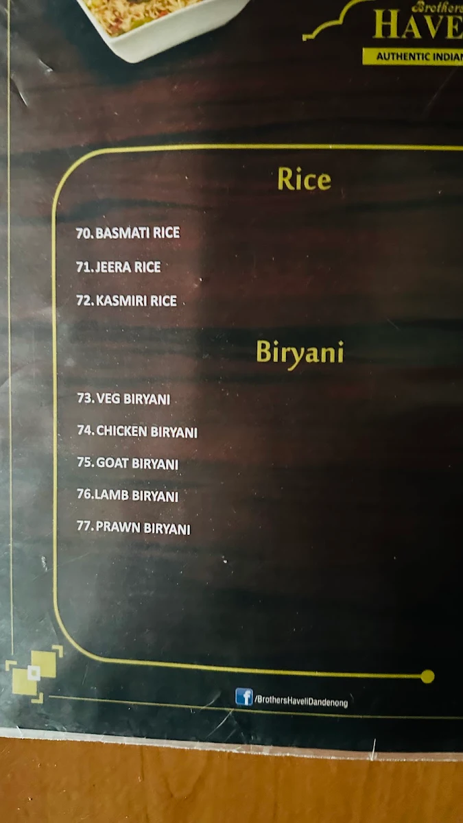 Menu, Brothers Haveli Indian Restaurant