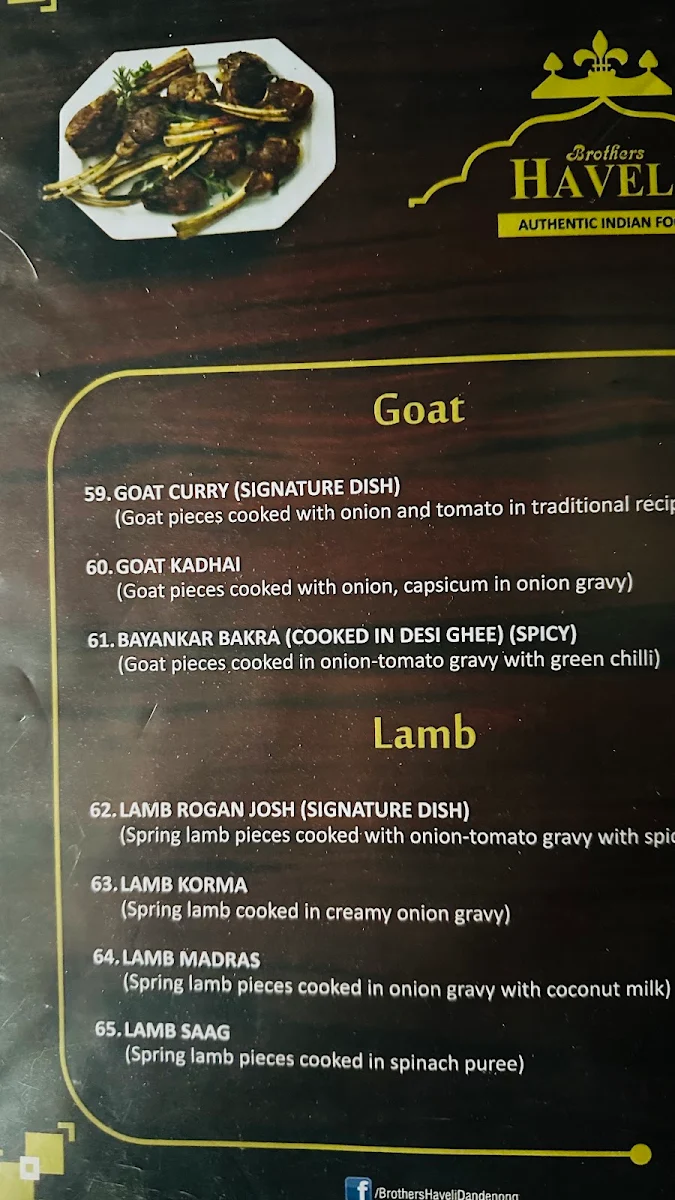Menu, Brothers Haveli Indian Restaurant