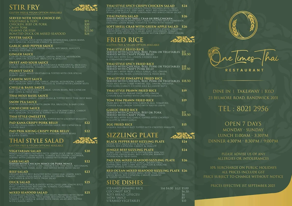 Menu, One Times Thai Randwick