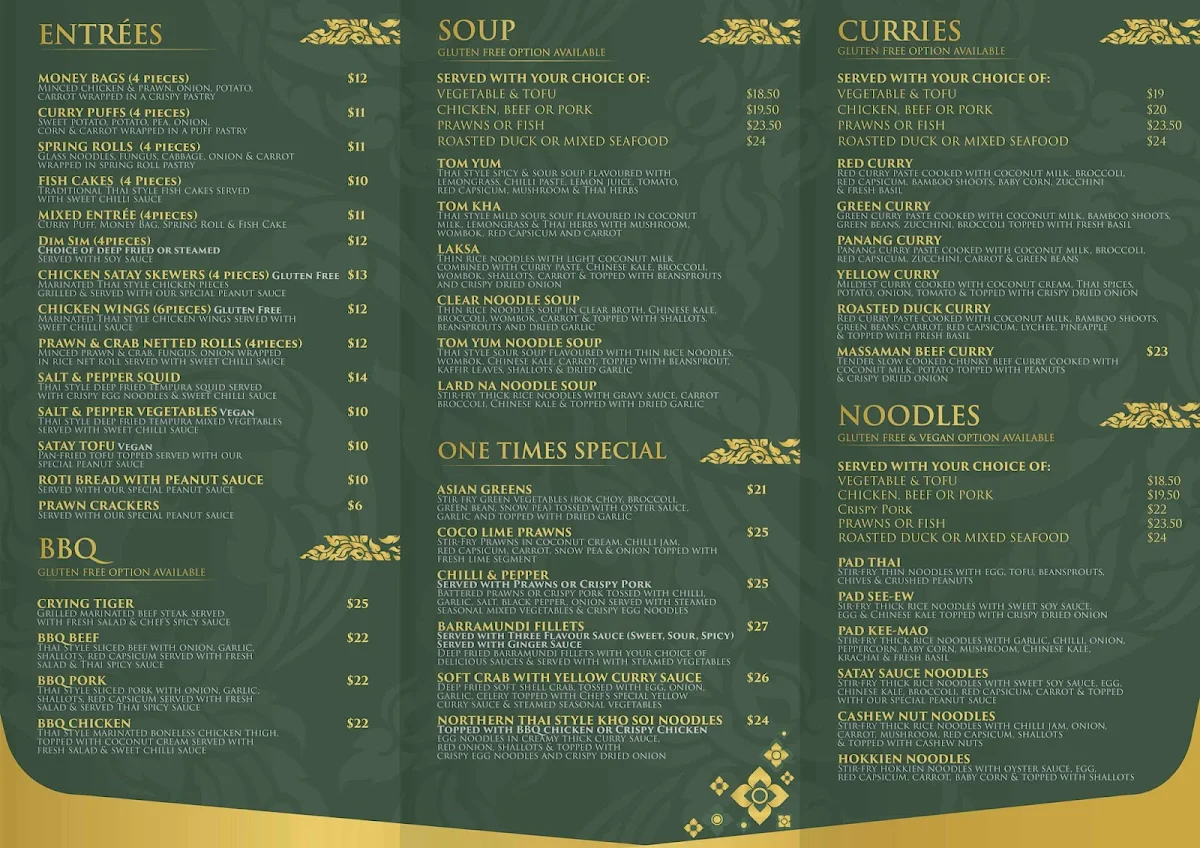 Menu, One Times Thai Randwick