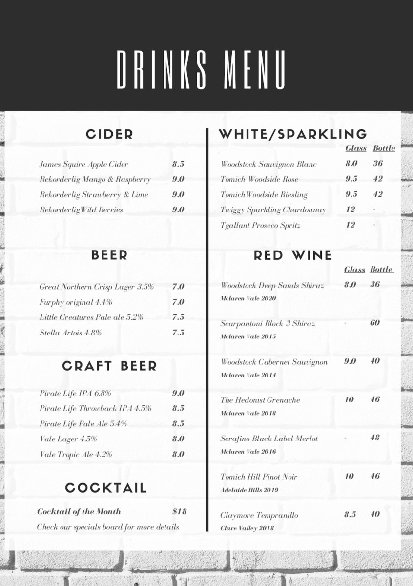 Menu, The Front Page Cafe