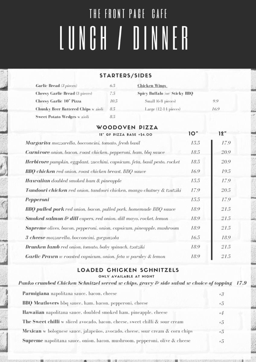 Menu, The Front Page Cafe