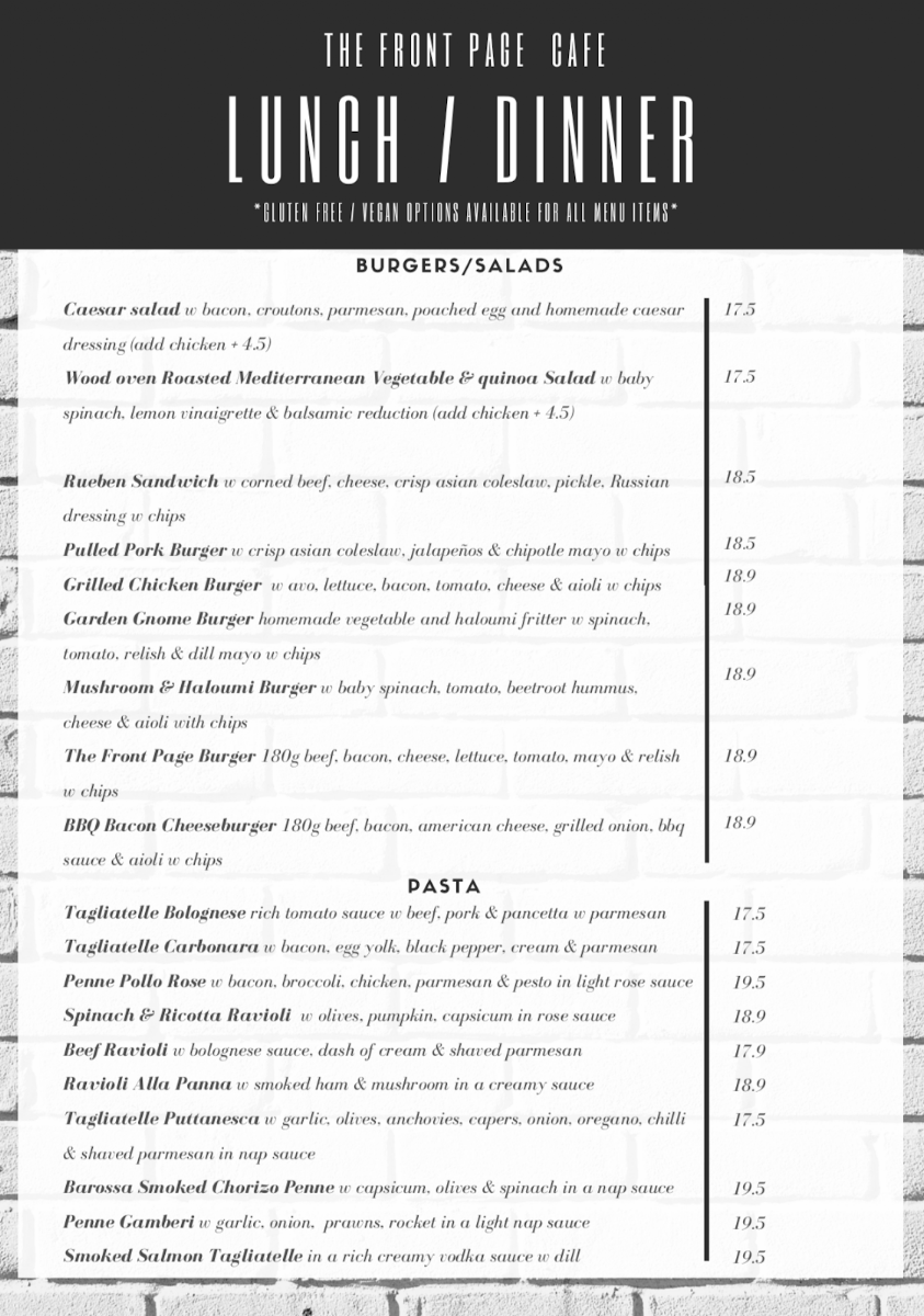 Menu, The Front Page Cafe