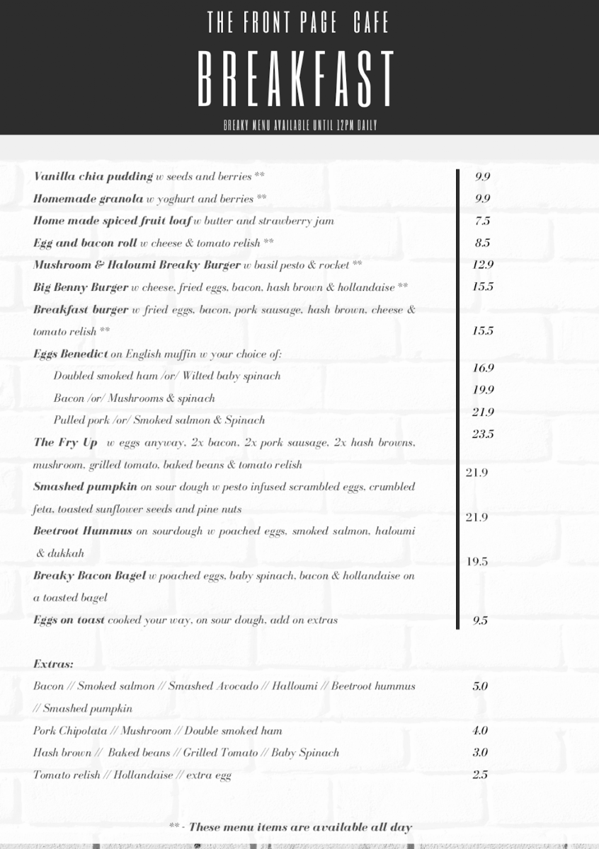 Menu, The Front Page Cafe