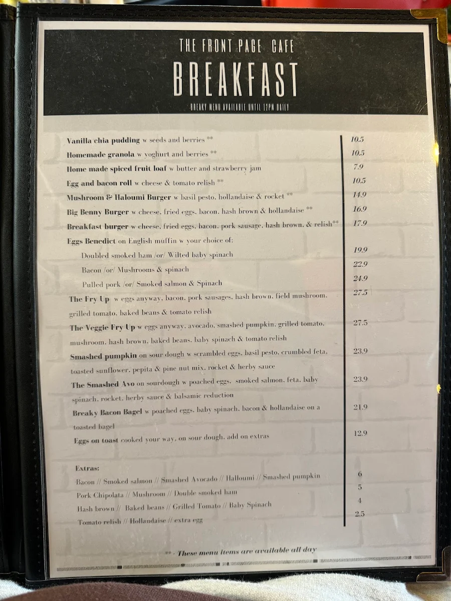 Menu, The Front Page Cafe